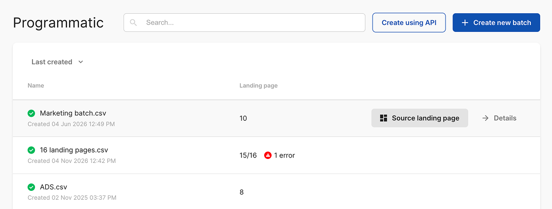 Programmatic Landing Pages list view